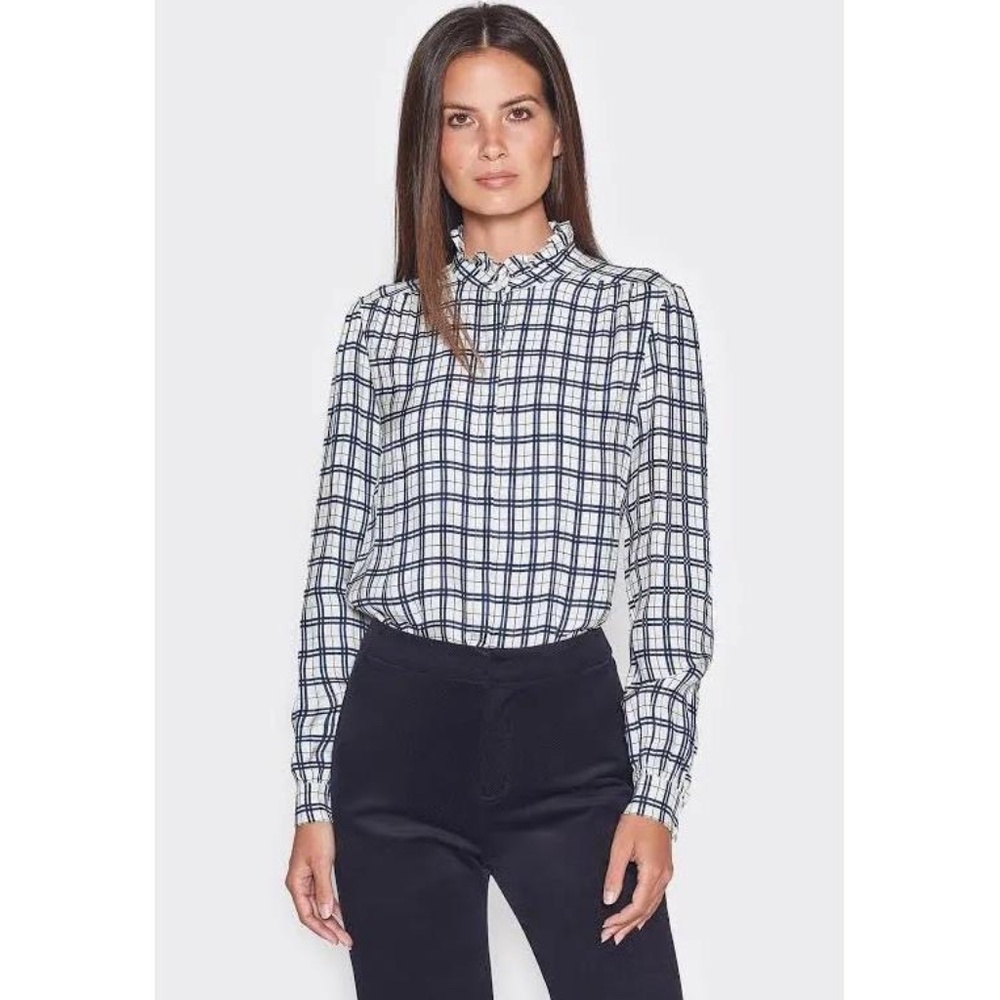 ✨NWT✨ JOIE Mintee Plaid Viscose Ruffle Neck Blouse Top in Winter White Blue XS